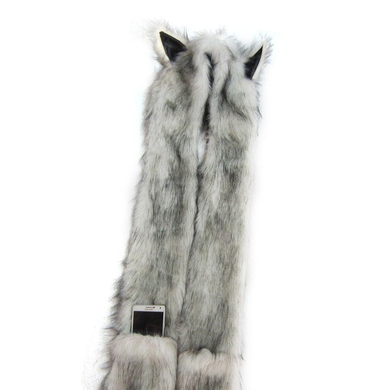 Fakeface Winter Animal Hat Faux Fur Hooded Scarf Cute Furry Ears Paw Gloves Pocket Hoodie Beanie Cap Party Costume for Women Girls (White) - Image 4